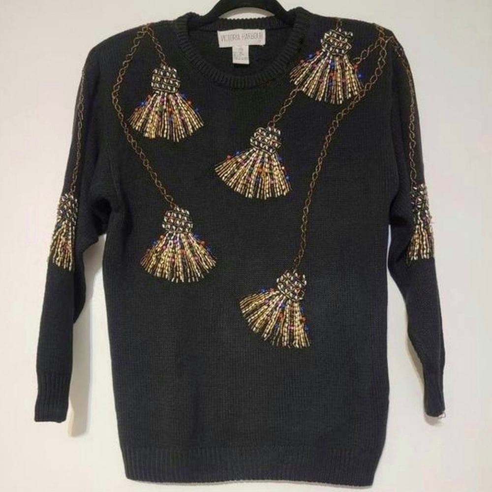 Victoria Harbour ramie cotton blend beaded holiday sweater size Petite M tassels